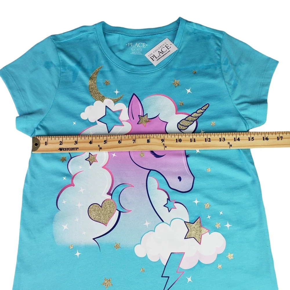 PLACE T-shirt for girls with unicorn graphic print size 10/12 color‎ Blue New